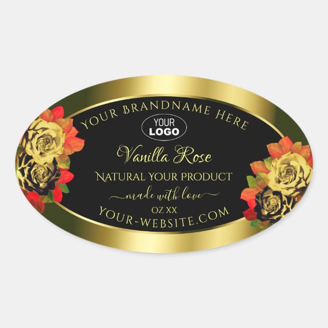 Floral Black Gold Shimmer Product Label Roses Logo (Front)