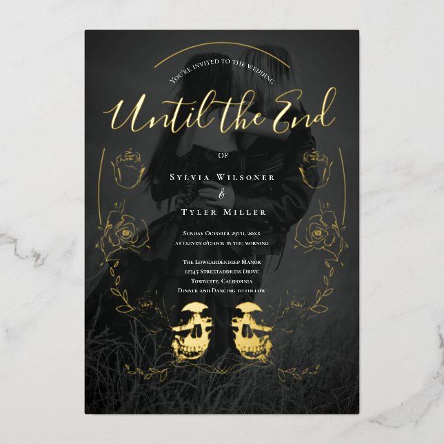 Floral Black Gold Skull Photo Gothic Wedding (Front)