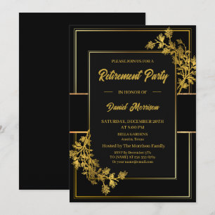 Floral Black Gold Surprise Retirement Party 2024 Invitation