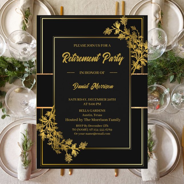 Floral Black Gold Surprise Retirement Party 2024 Invitation (Creator Uploaded)