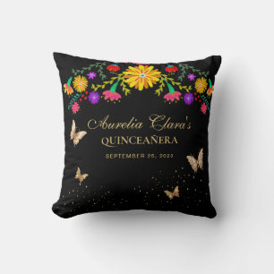 Floral Black Gold Tiara Butterfly Quinceanera Throw Pillow
