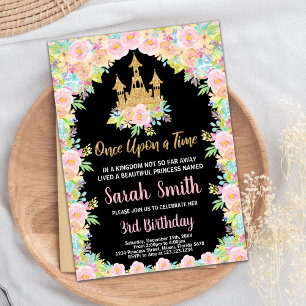 Floral Black Golden Princess Invitation d'annivers