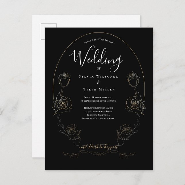 Floral Black Gothic Wedding Invitation Postcard (Front/Back)