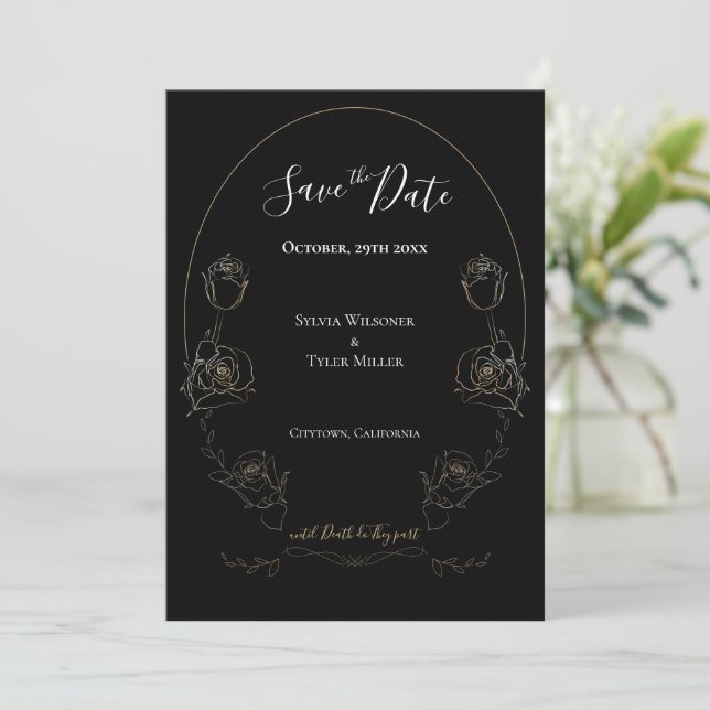 Floral Black Gothic Wedding Save The Date (Standing Front)