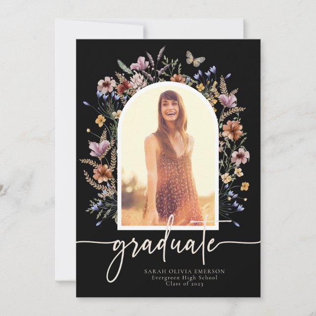 Floral Black Graduate Faire-part (Devant)