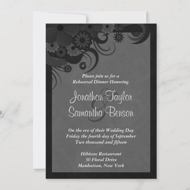Floral Black Grey Wedding Rehearsal Dinner Invites (Front)