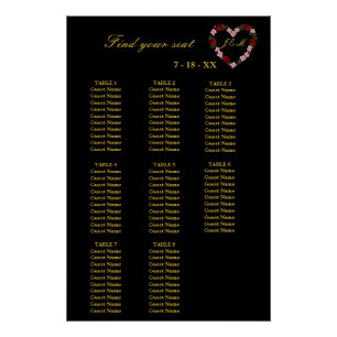 Floral Black Heart Wedding Seating Plan 8 Tables Poster