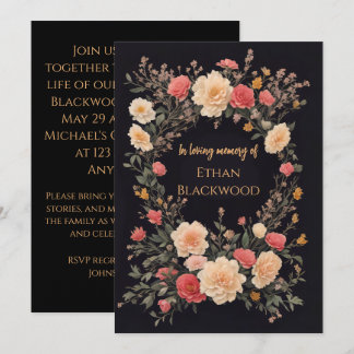 Floral Black In Loving Memory Funeral Invitation