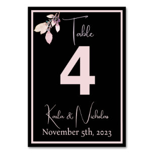 Floral Black & Pastel Pink Wedding Table Number