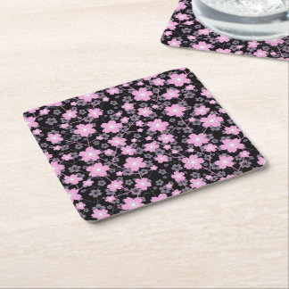 Floral Black Pink Beautiful Cherry Blossom Square Paper Coaster
