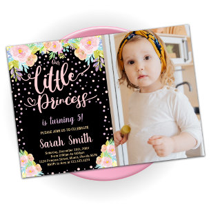 Floral Black Princess Birthday Invitations W Photo
