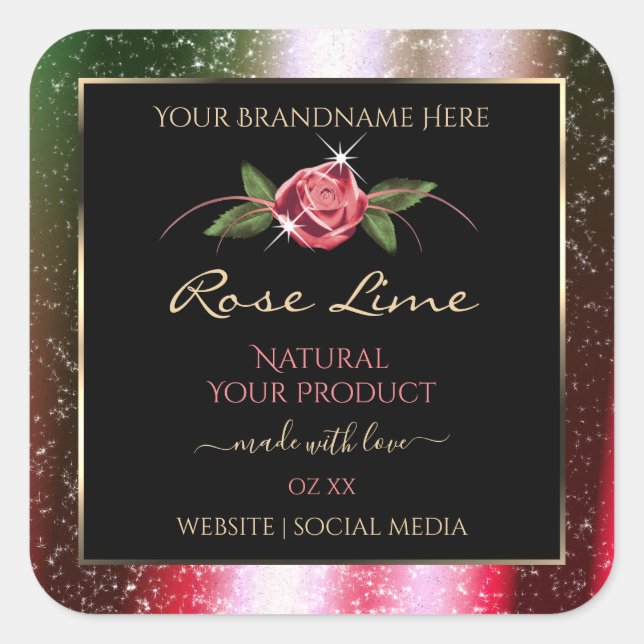 Floral Black Product Labels Green and Pink Glitter (Front)