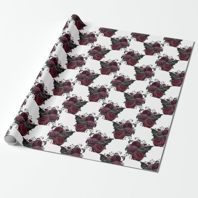 Floral Black Raven on White Wrapping Paper (Unrolled)