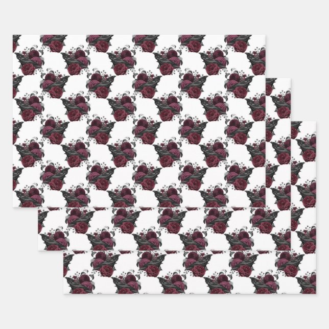 Floral Black Raven on White Wrapping Paper Sheet (Set)