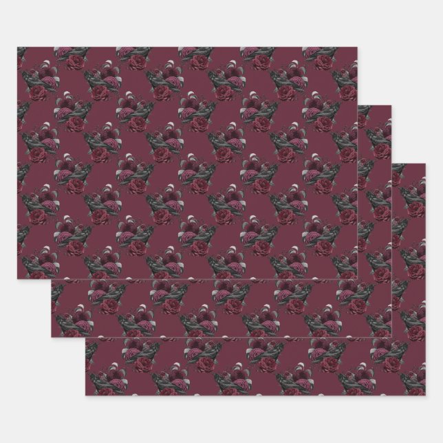 Floral Black Raven on Wine Wrapping Paper Sheet (Set)