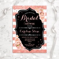 Floral Black Rose Gold Stripes Bridal Shower