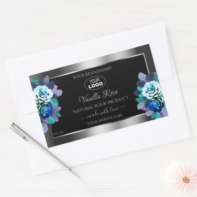 Floral Black Silver Product Labels Logo Teal Roses (Envelope)