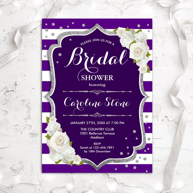 Floral Black Silver Purple Stripes Bridal Shower Invitation (Creator Uploaded)
