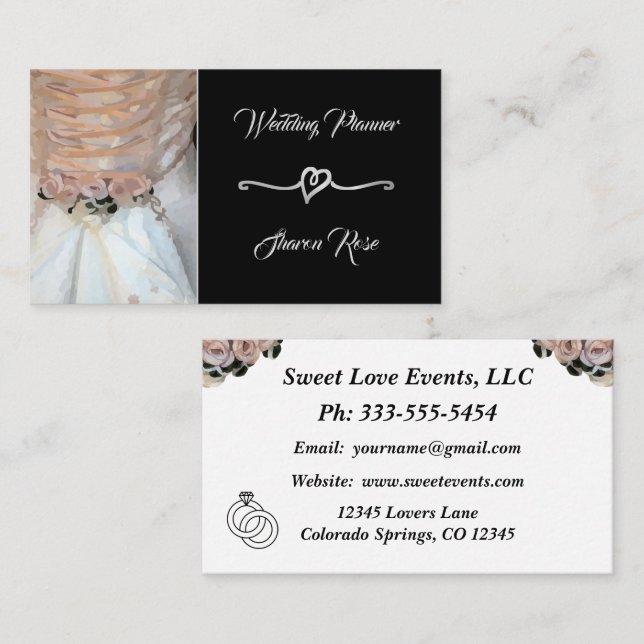 Floral Black Silver Wedding Planner Business Card (Front/Back)