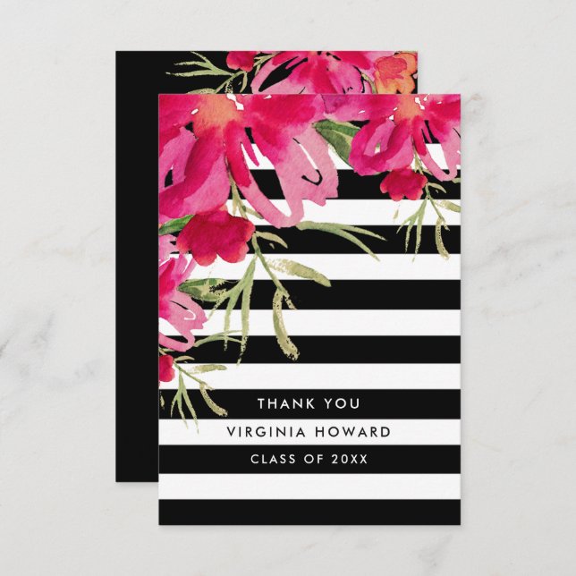 Floral | Black Stripes Graduation Thank You Card (Front/Back)