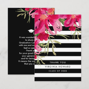 Floral   Black Stripes Graduation Thank You Card