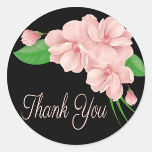 Floral Black Thank You Pink Flowers Wedding Party Classic Round Sticker