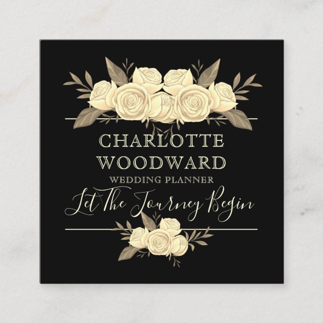 Floral Black Wedding Planner Square Business Card (Front)