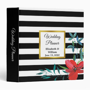 Floral   Black White and Faux Gold Wedding Planner Binder