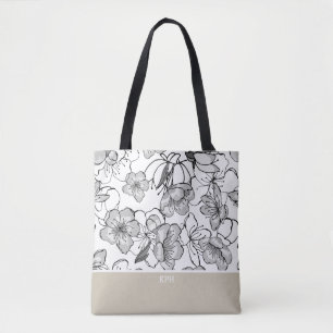 Floral Black, White, and Tan with Monogram Tote Bag