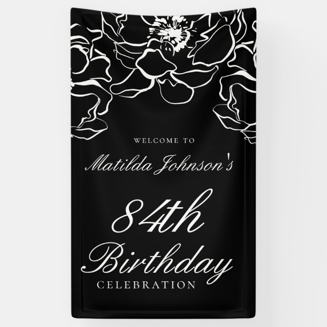 Floral Black White Birthday Party Welcome Banner (Vertical)