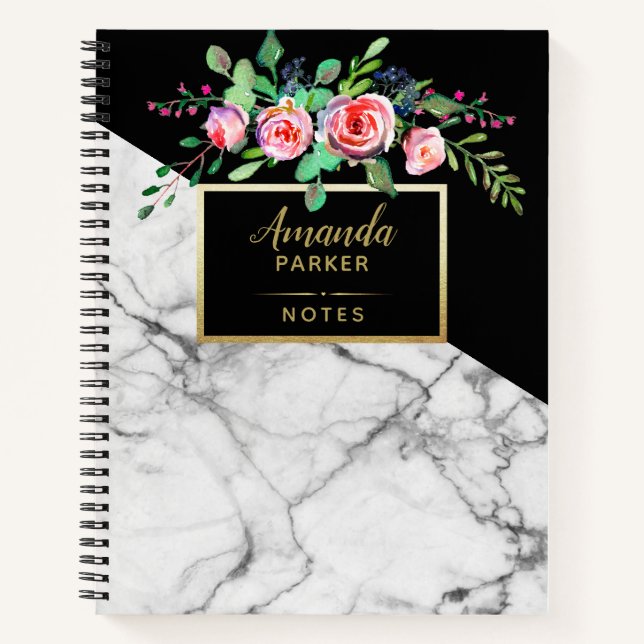 Floral Black White Marble Texture Designer Notes Notebook (Front)