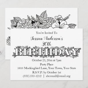 Floral Black White Pretty Birthday Invite
