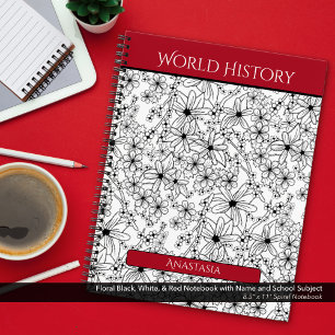 Floral Black White Red Name School Subject Notebook