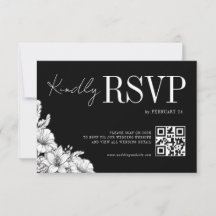 Floral Black White Rustic QR Monogram Wedding