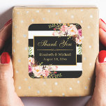 Floral Black White Striped Gold Frame Thank You Square Sticker<br><div class="desc">Floral Black White Striped Gold Frame Thank You Sticker.
(1) For further customization,  please click the "customize further" link and use our design tool to modify this template. 
(2) If you need help or matching items,  please contact me.</div>