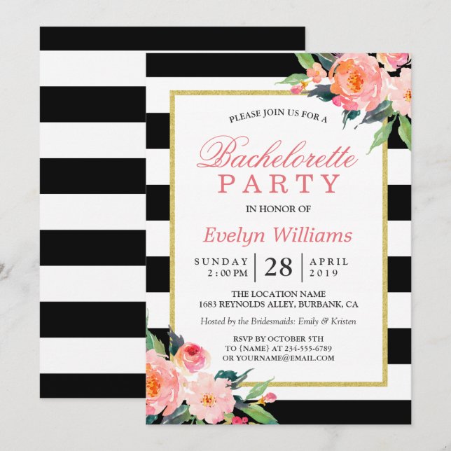 Floral Black White Stripes Gold Bachelorette Party Invitation (Front/Back)