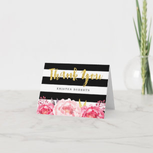 Floral Black White Stripes Gold Glitter Thank You Card