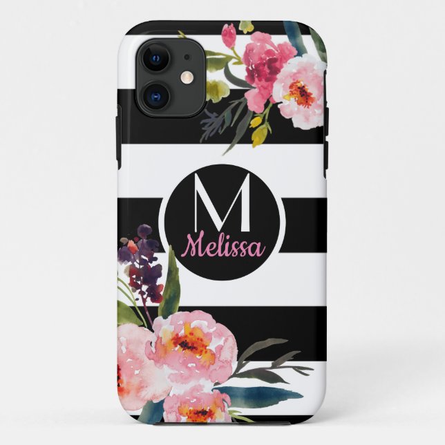 Floral - Black & White Stripes Monogram Case-Mate iPhone Case (Back)