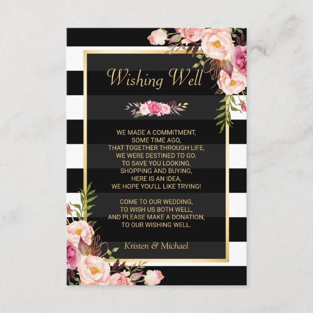 Floral Black White Stripes | Wedding Wishing Well Enclosure Card (Front)