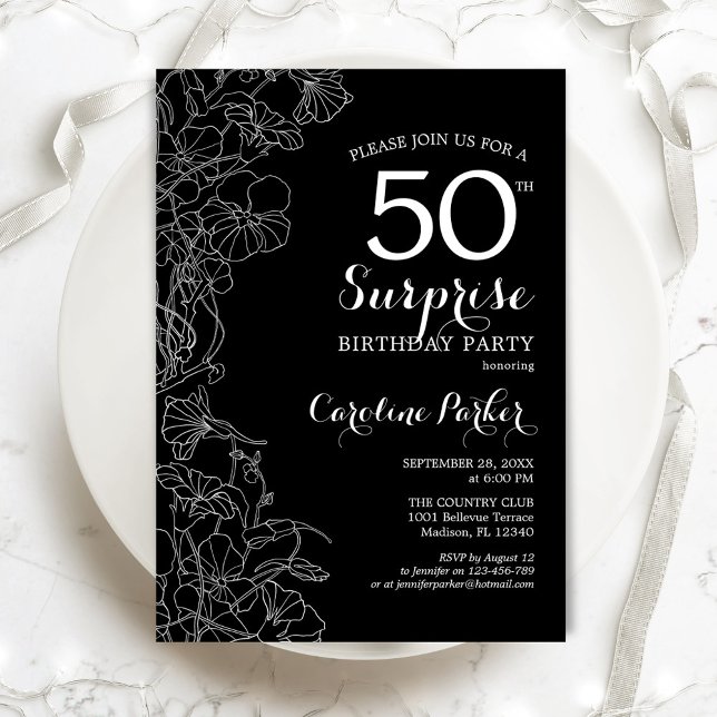 Floral Black White Surprise 50th Birthday Party Invitation (Creator Uploaded)