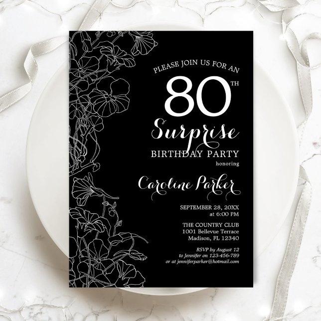Floral Black White Surprise 80th Birthday Party Invitation (Creator Uploaded)