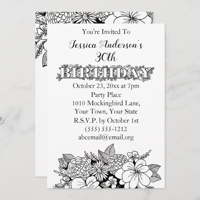 Floral Black White Thirtieth 30th Birthday Invite (Front/Back)