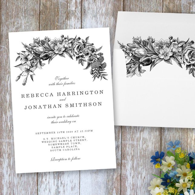 Floral Black White Vintage Wedding Invitation Card (Creator Uploaded)