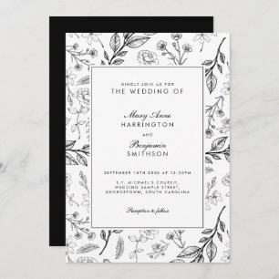 Floral Black White Wedding Invitation