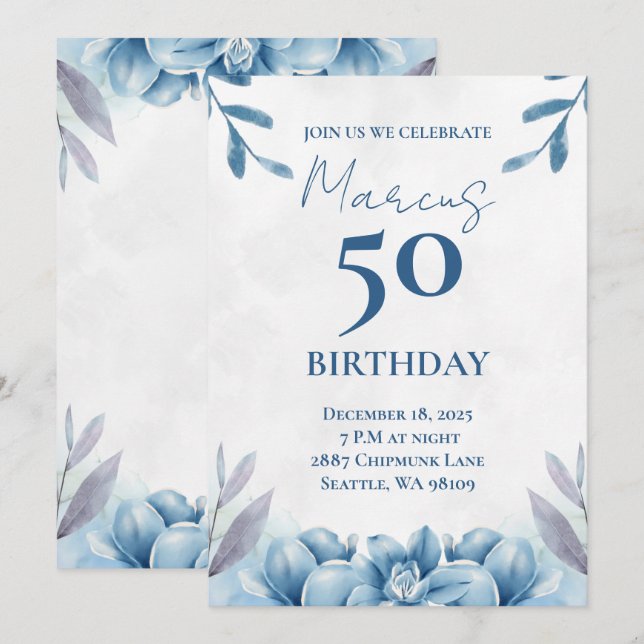 Floral Blanc et bleu 50e anniversaire Invitation (Devant / Derrière)