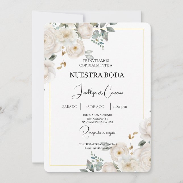 Floral blanc Faire-part de mariage espagnol (Devant)
