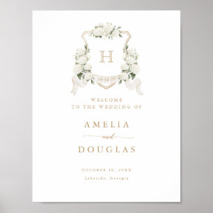 Floral Blanc Hydrangea Crest Monogramme Affiche de