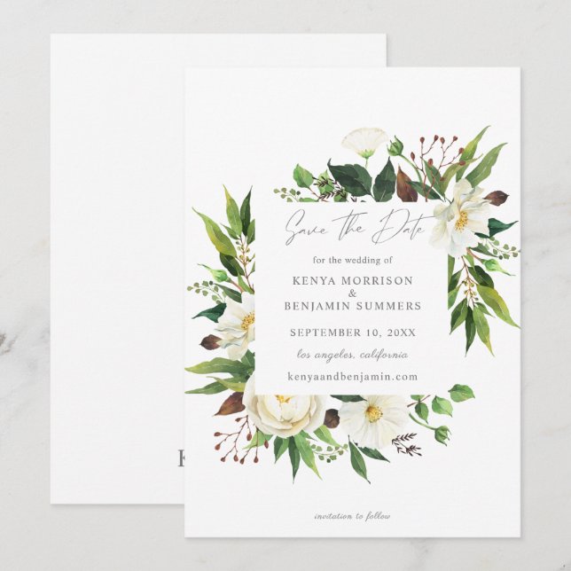 Floral blanc & verdure Sauvez la date Invitation (Devant / Derrière)