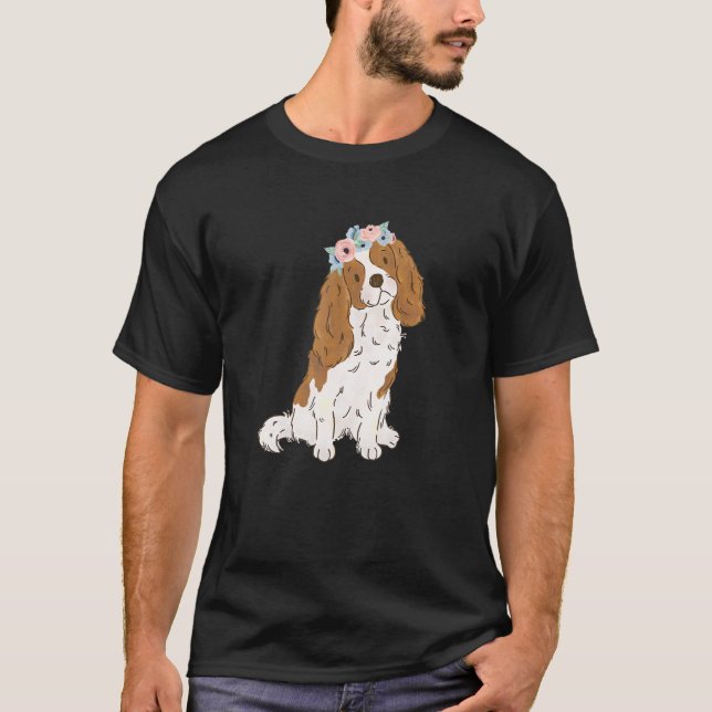 Floral Blenheim Cavalier King Charles Spaniel Cavi T-Shirt (Front)