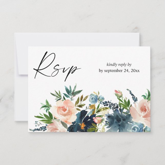 Floral bleu bleu marine et Dusty avec carte RSVP d (Devant)